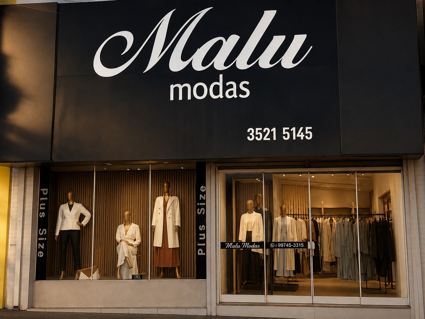Fachada da loja MALU MODAS com toldo preto e letreiro em azul, na Av. Rio Branco em Adamantina